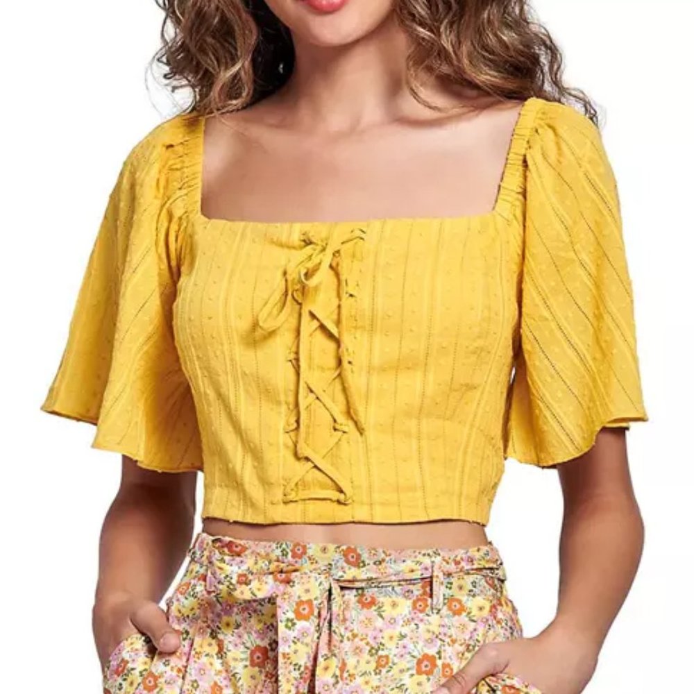 Lost & Wander NEW yellow flutter sleeve top with lace up front, size Large